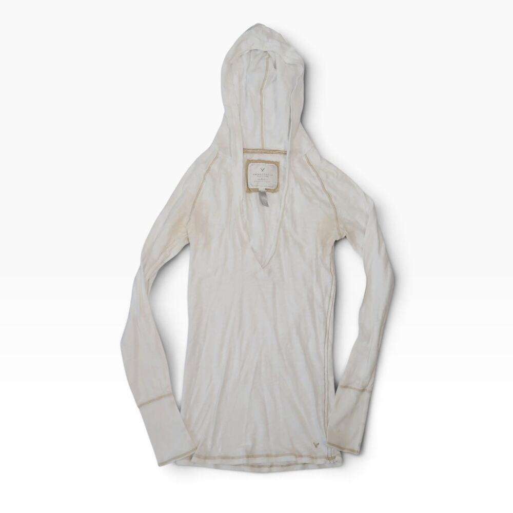 Vintage Y2K American Eagle White Hooded Top Long Sleeve T-Shirt S